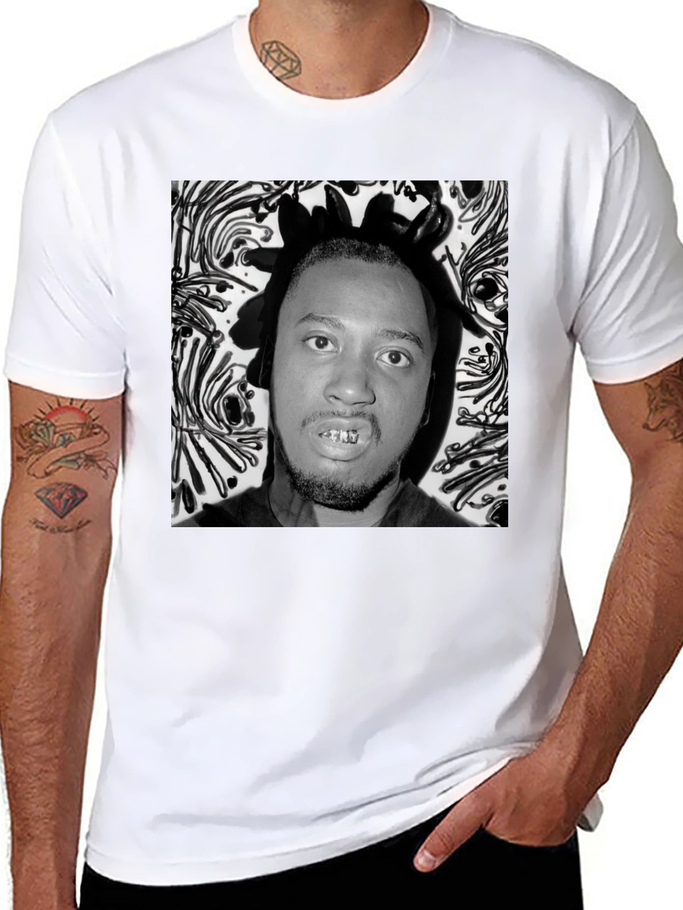 Black Graphic Tee with Portrait Print
