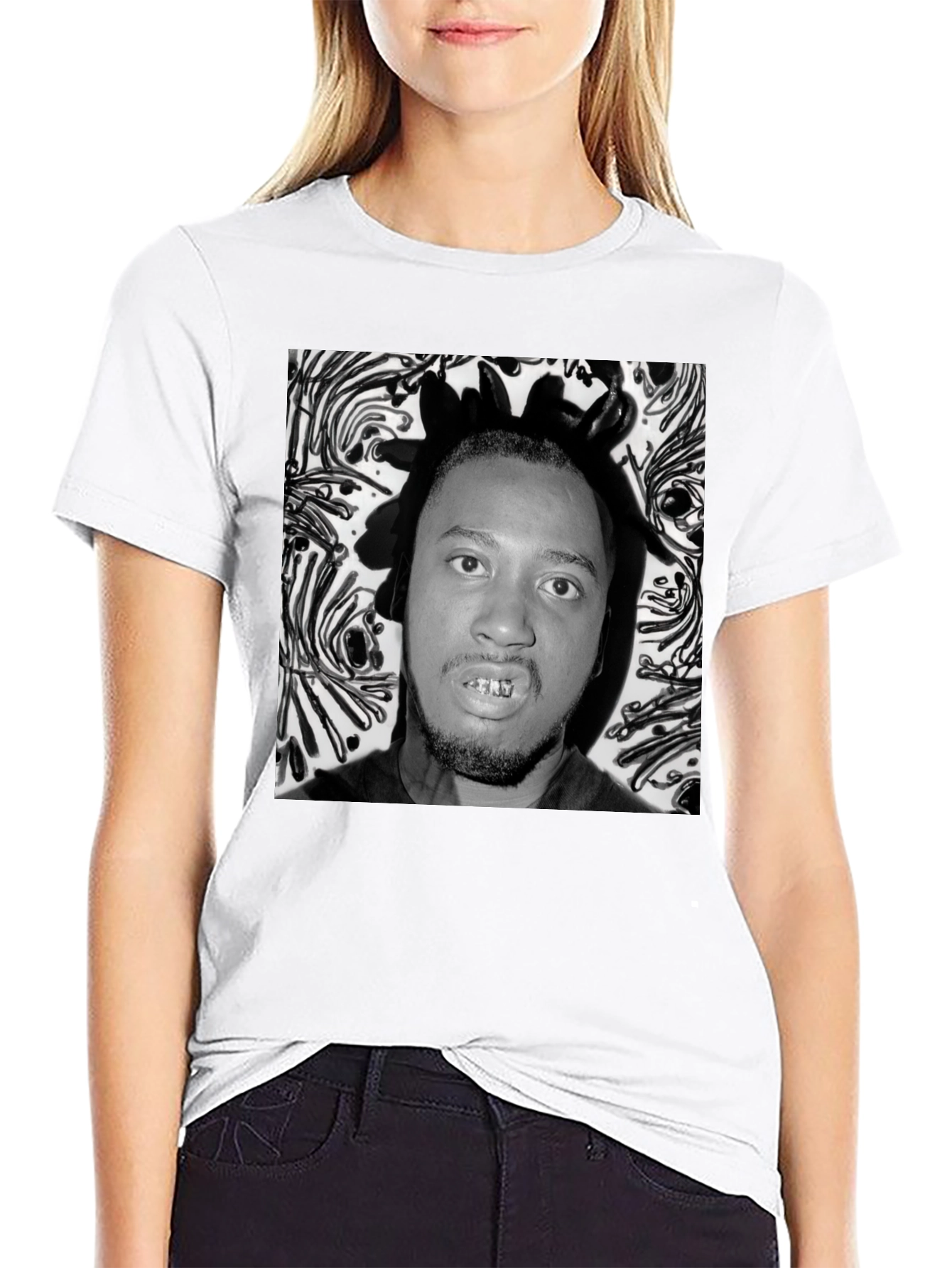 Black Graphic Tee with Portrait Print