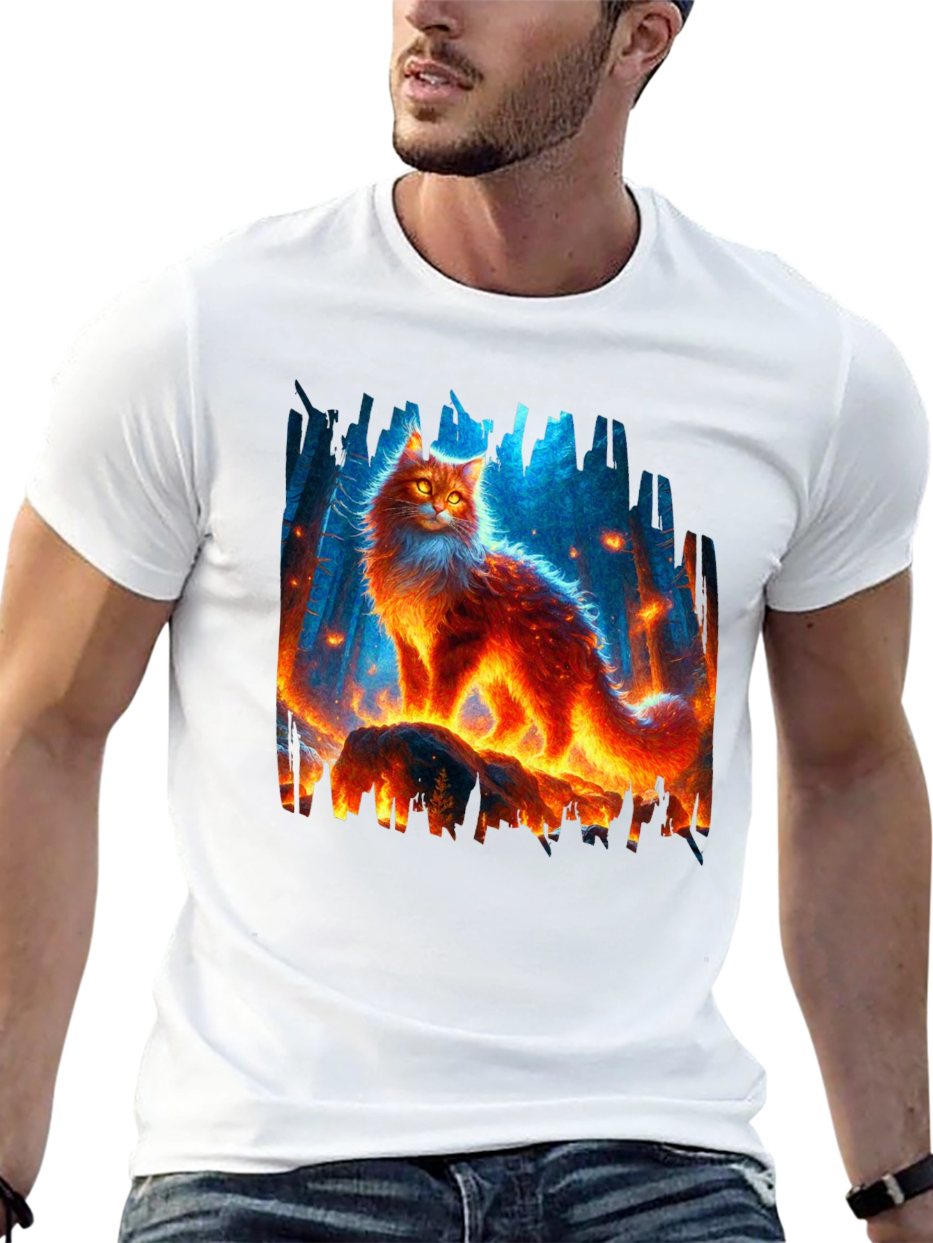 Fiery Cat Graphic Tee - Unique Design