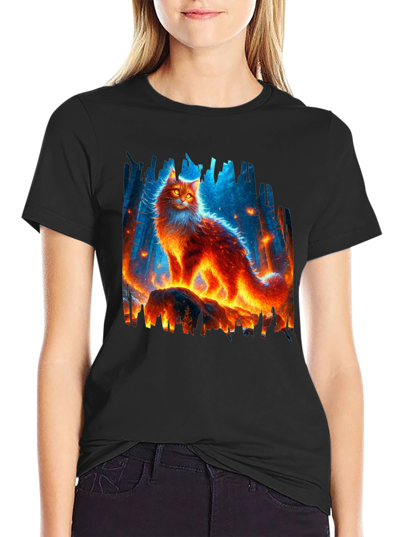 Fiery Cat Graphic Tee - Unique Design