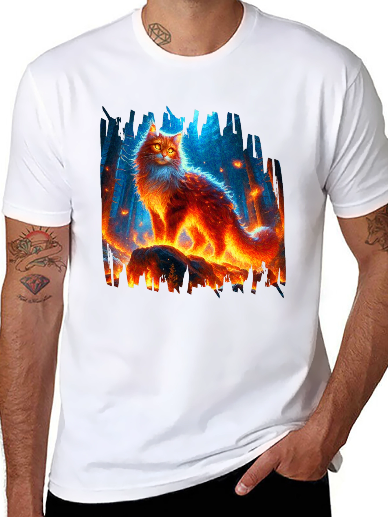 Fiery Cat Graphic Tee - Unique Design