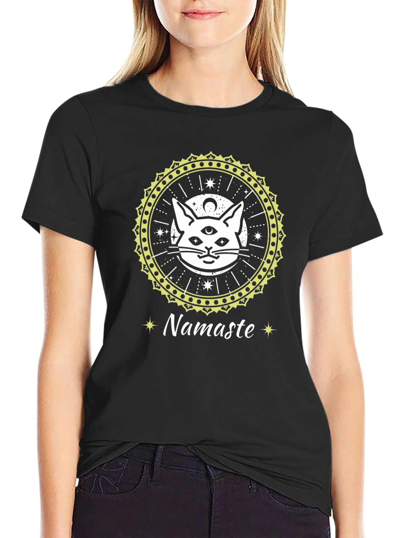 Mystic Cat Namaste T-Shirt - Spiritual Style