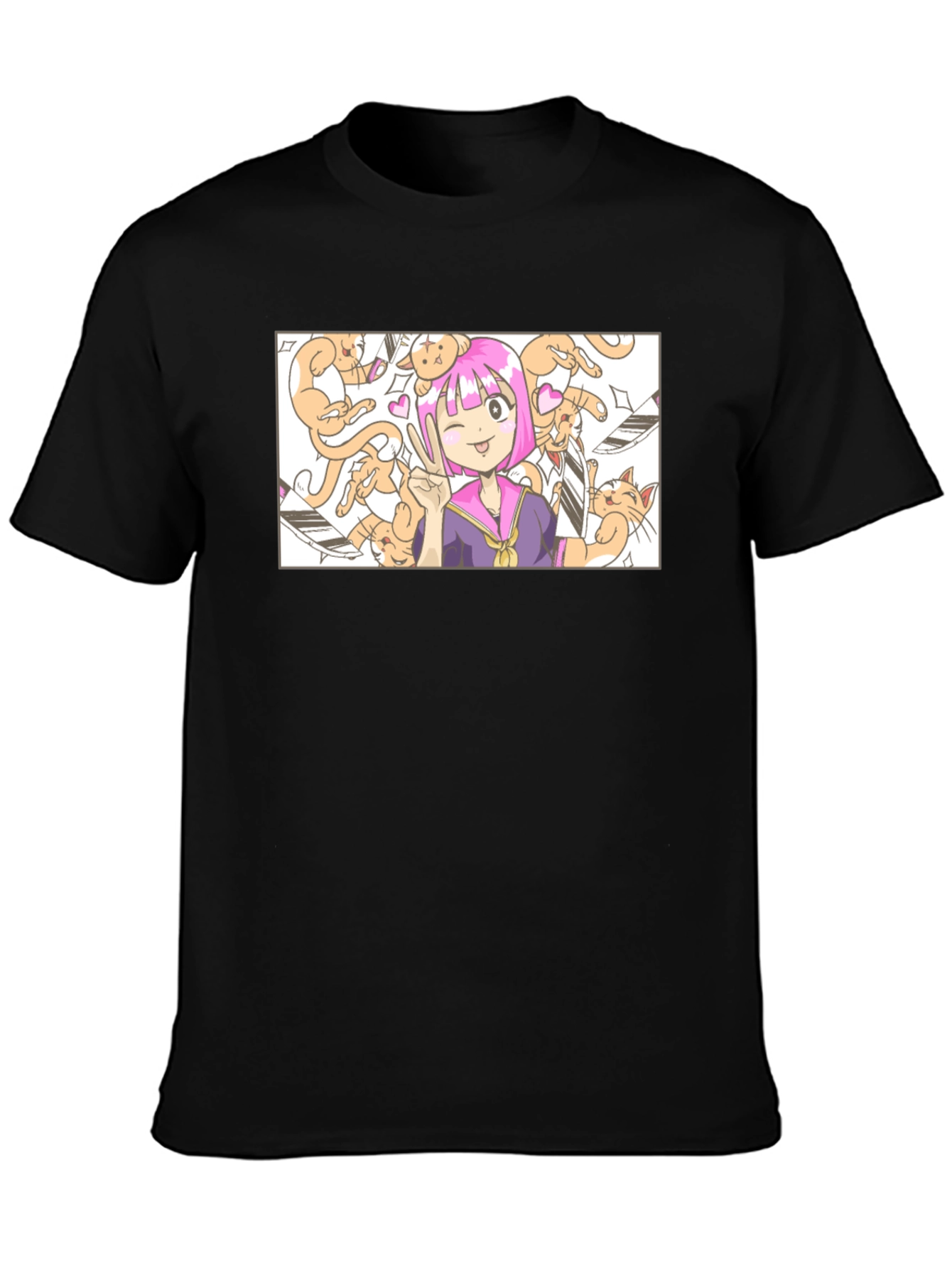 Anime Girl with Cats T-Shirt - Black