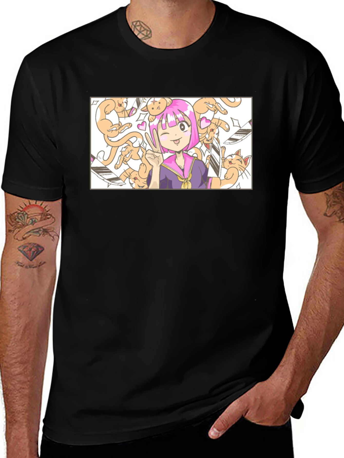 Anime Girl with Cats T-Shirt - Black