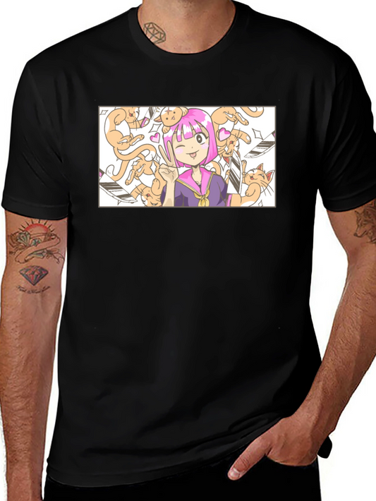 Anime Girl with Cats T-Shirt - Black
