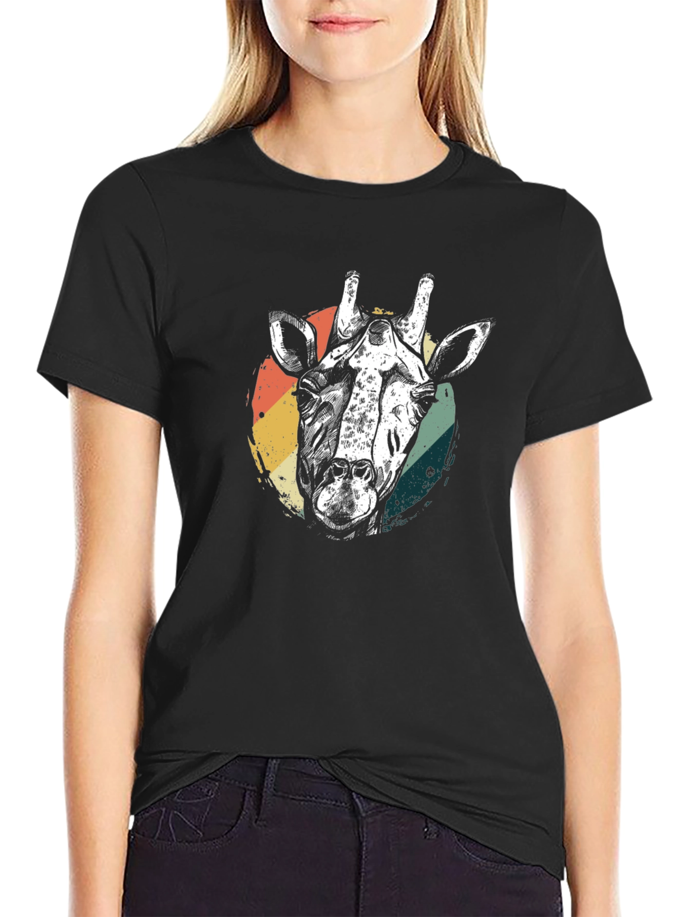 Retro Giraffe Graphic Tee - Black Cotton T-Shirt