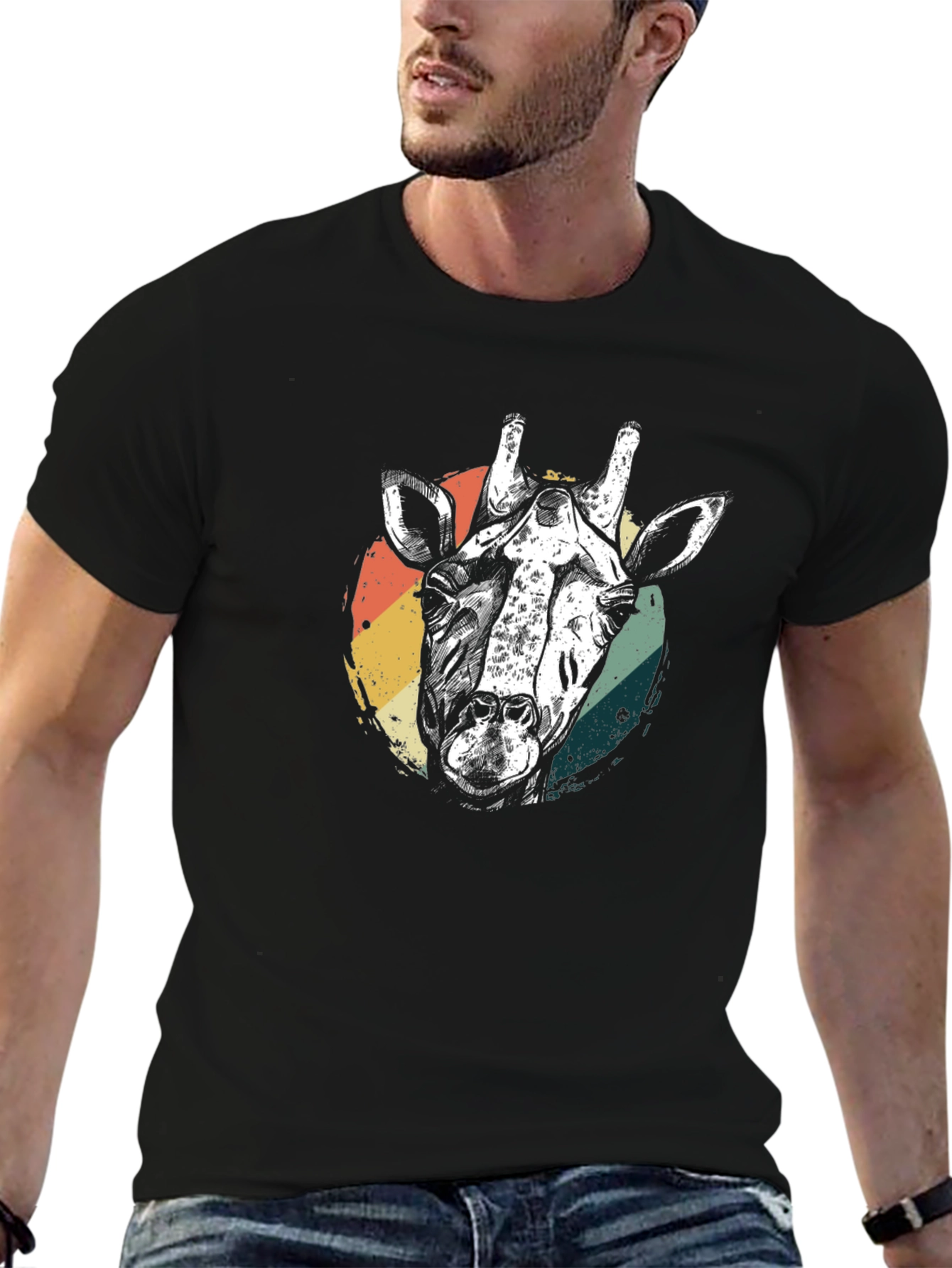 Retro Giraffe Graphic Tee - Black Cotton T-Shirt