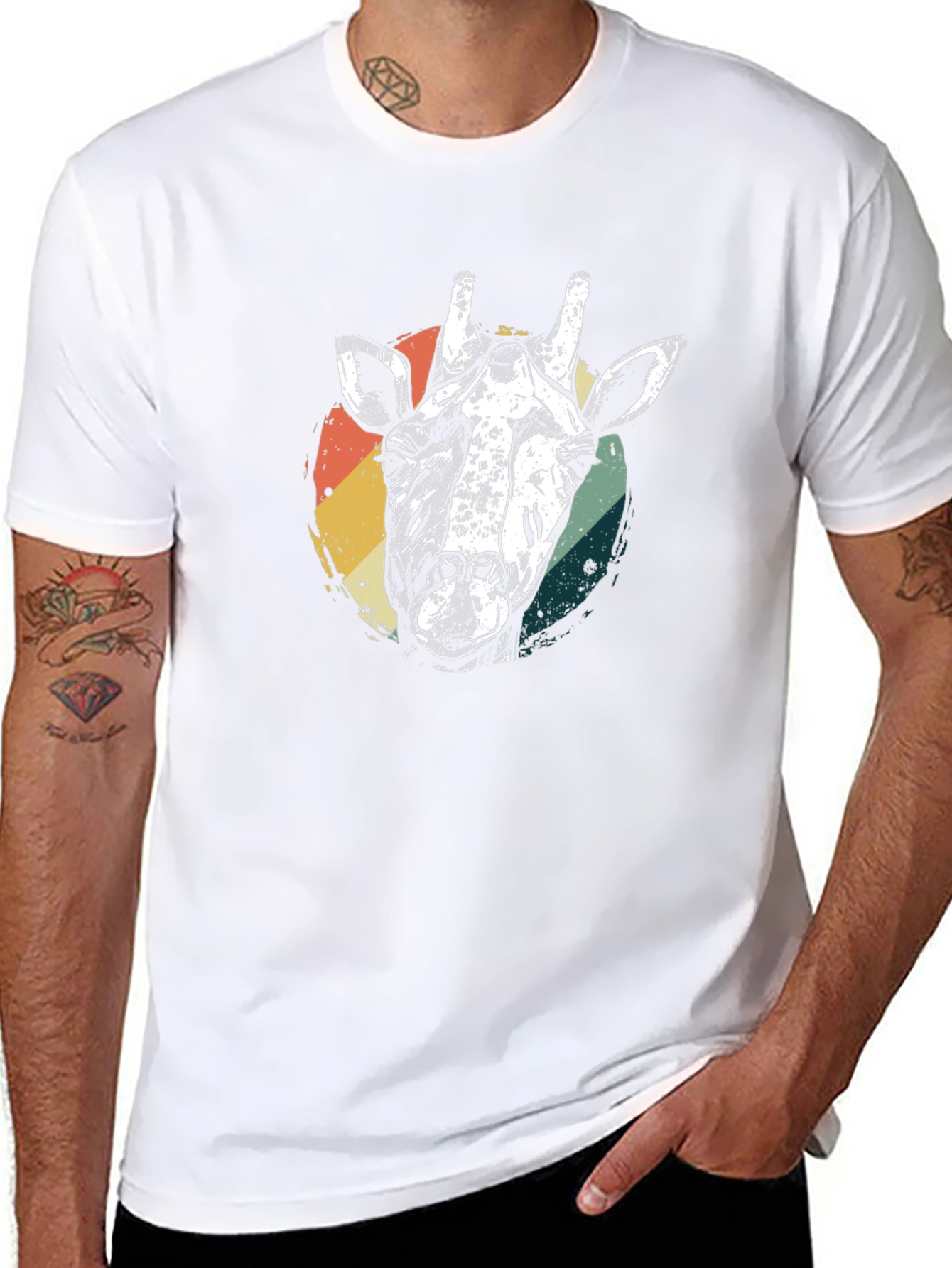 Retro Giraffe Graphic Tee - Black Cotton T-Shirt
