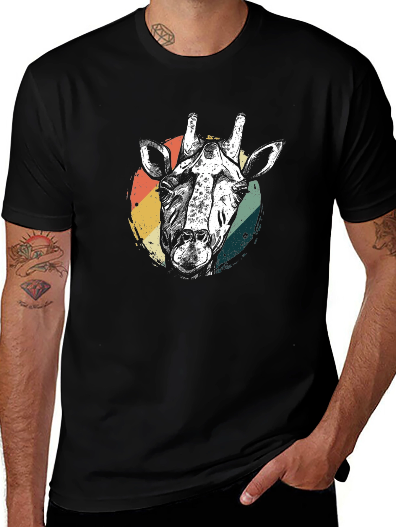 Retro Giraffe Graphic Tee - Black Cotton T-Shirt