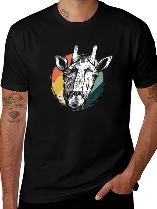 Retro Giraffe Graphic Tee - Black Cotton T-Shirt