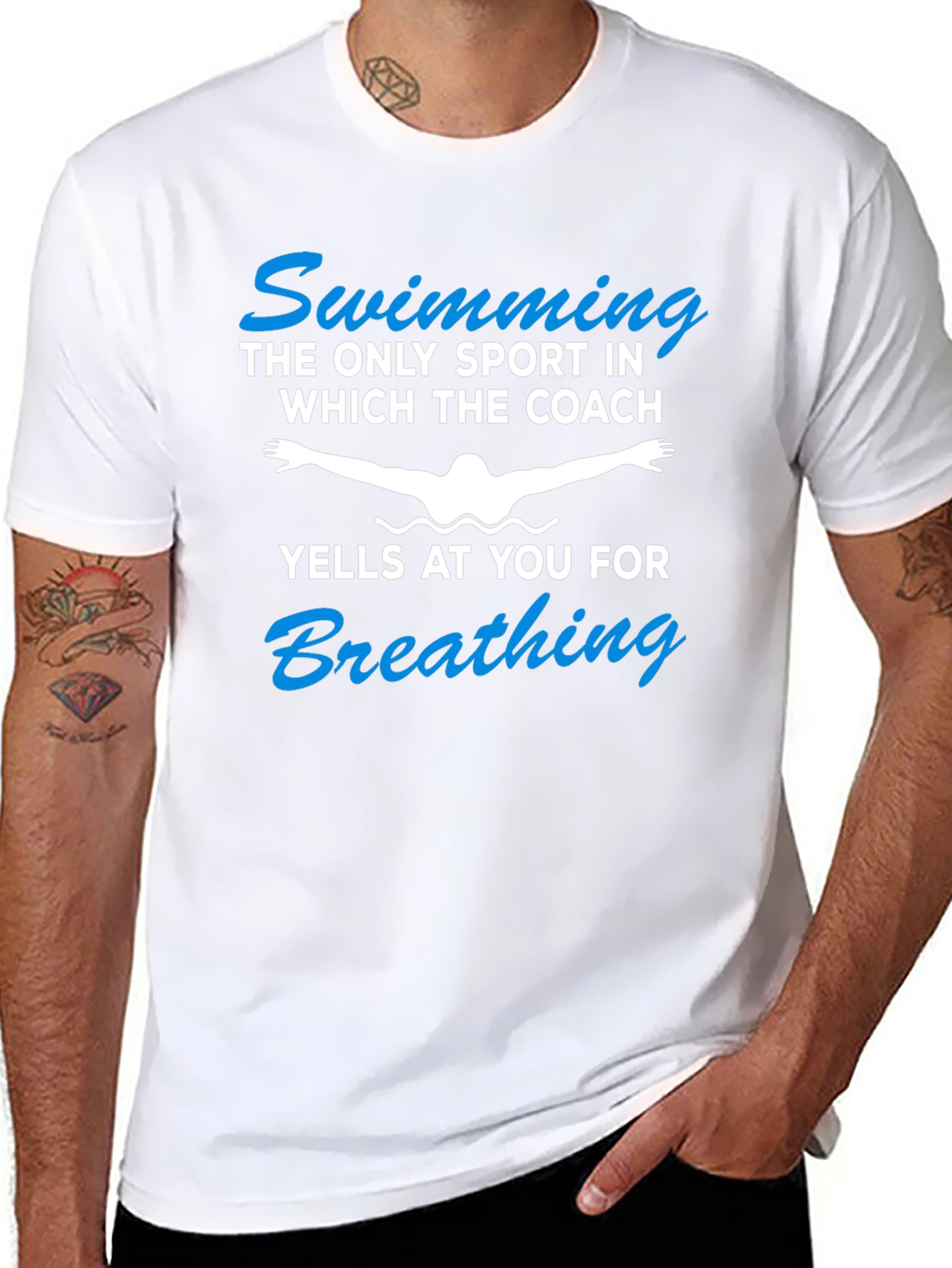Funny Swimming T-Shirt - Coach Yelling for Breathing