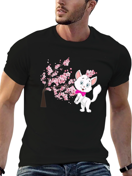 Marie Cat Cherry Blossom Black T-Shirt