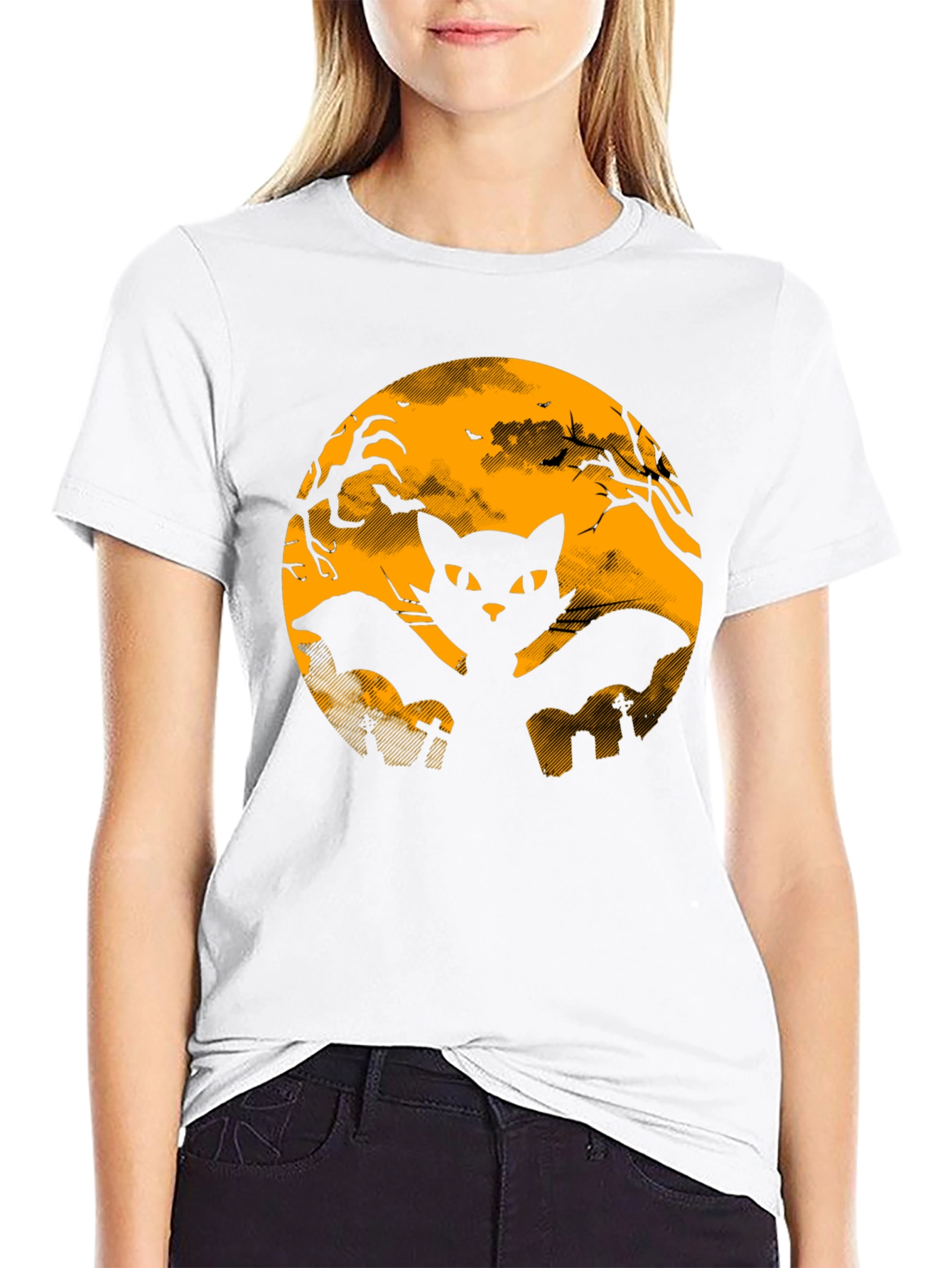 Halloween Black Cat Bat Graphic T-Shirt