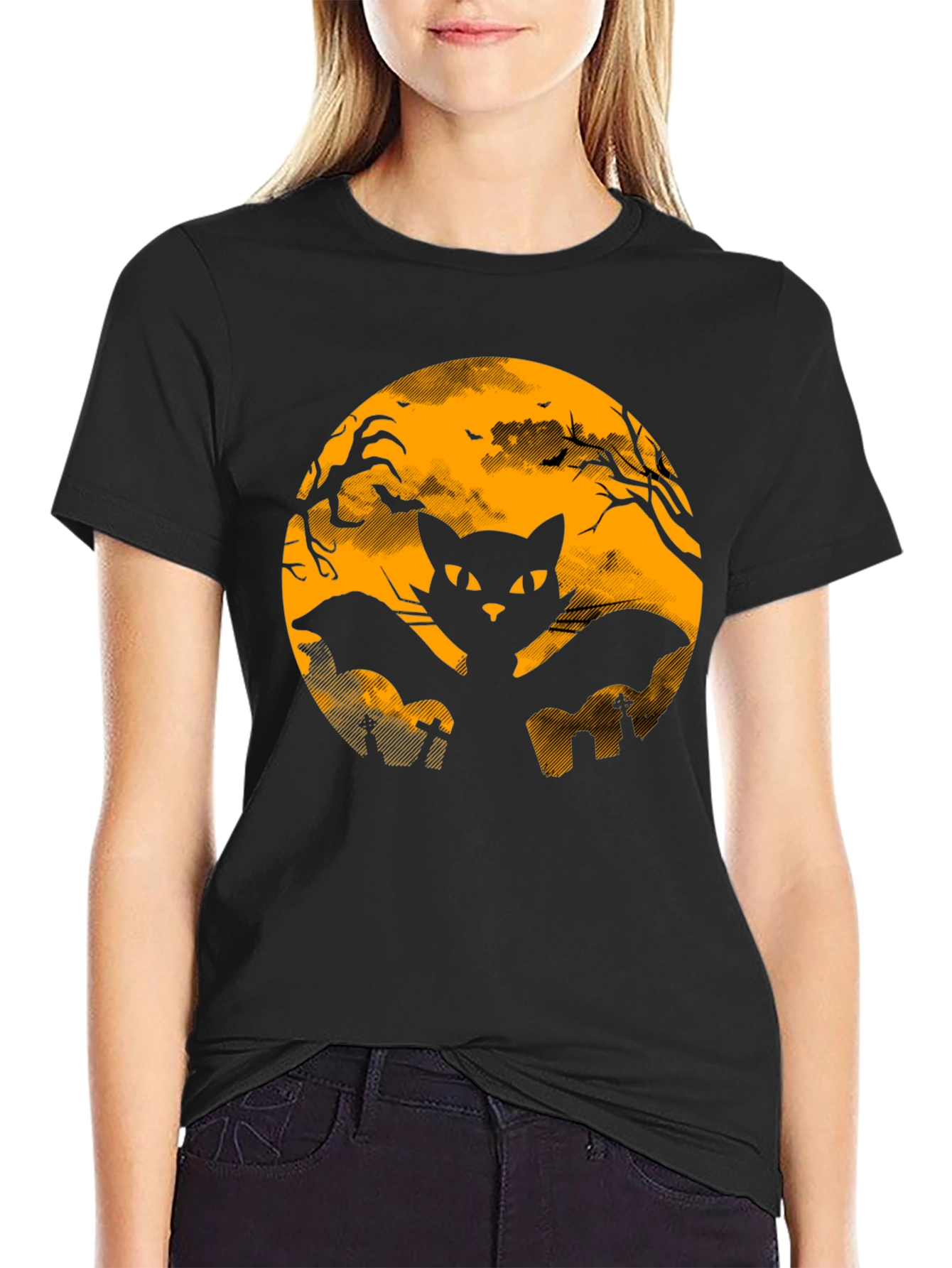Halloween Black Cat Bat Graphic T-Shirt