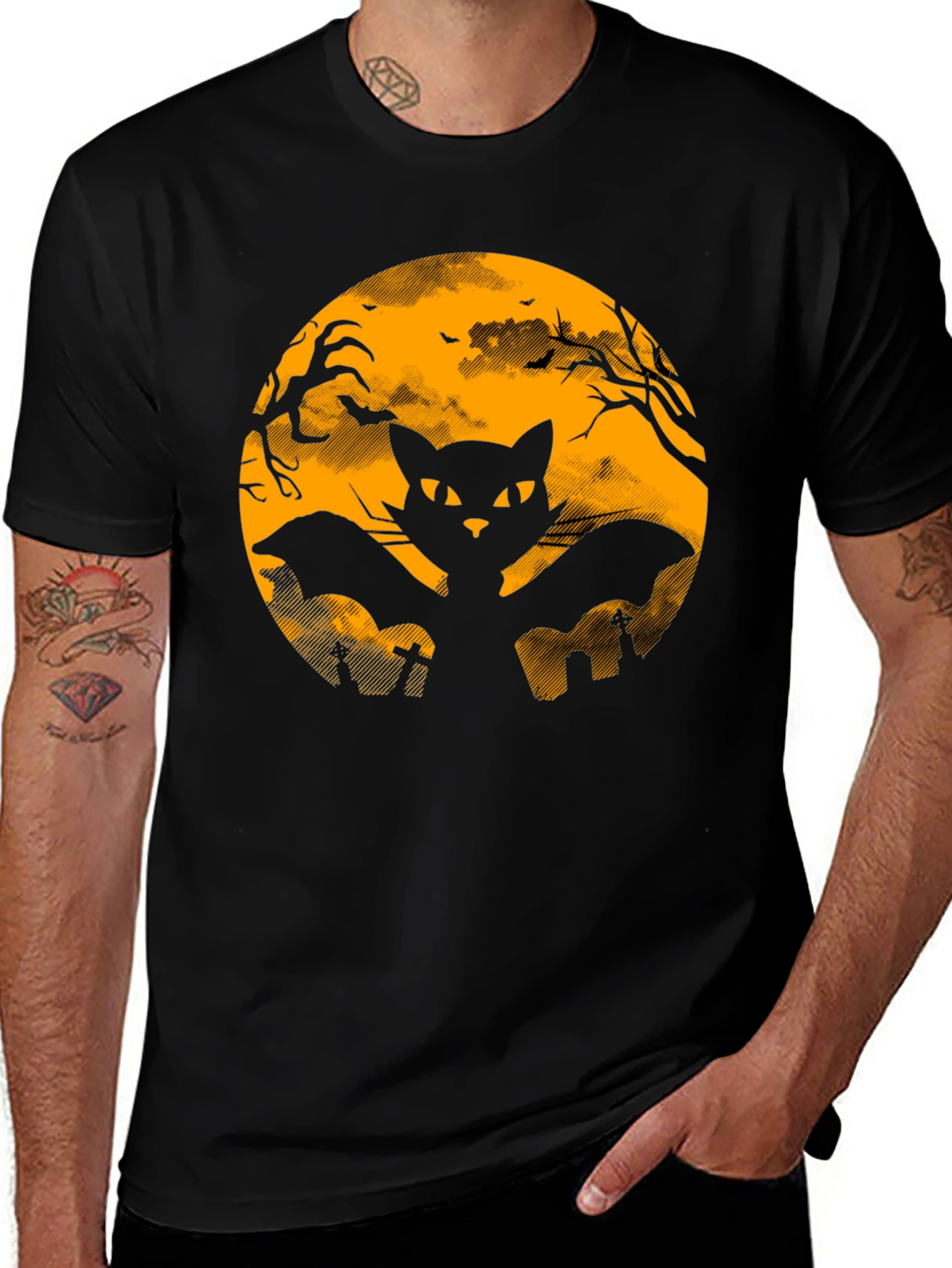 Halloween Black Cat Bat Graphic T-Shirt