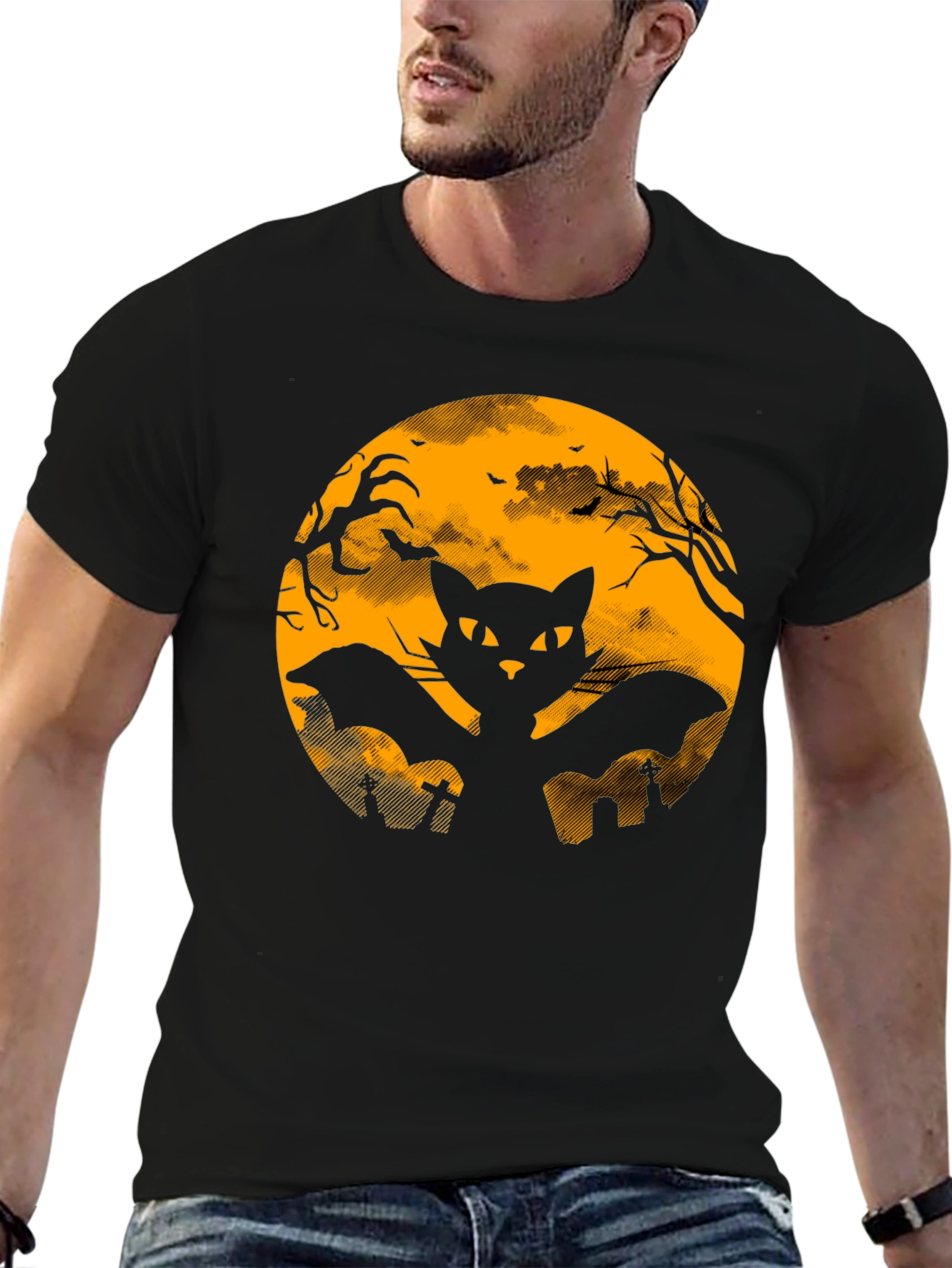 Halloween Black Cat Bat Graphic T-Shirt