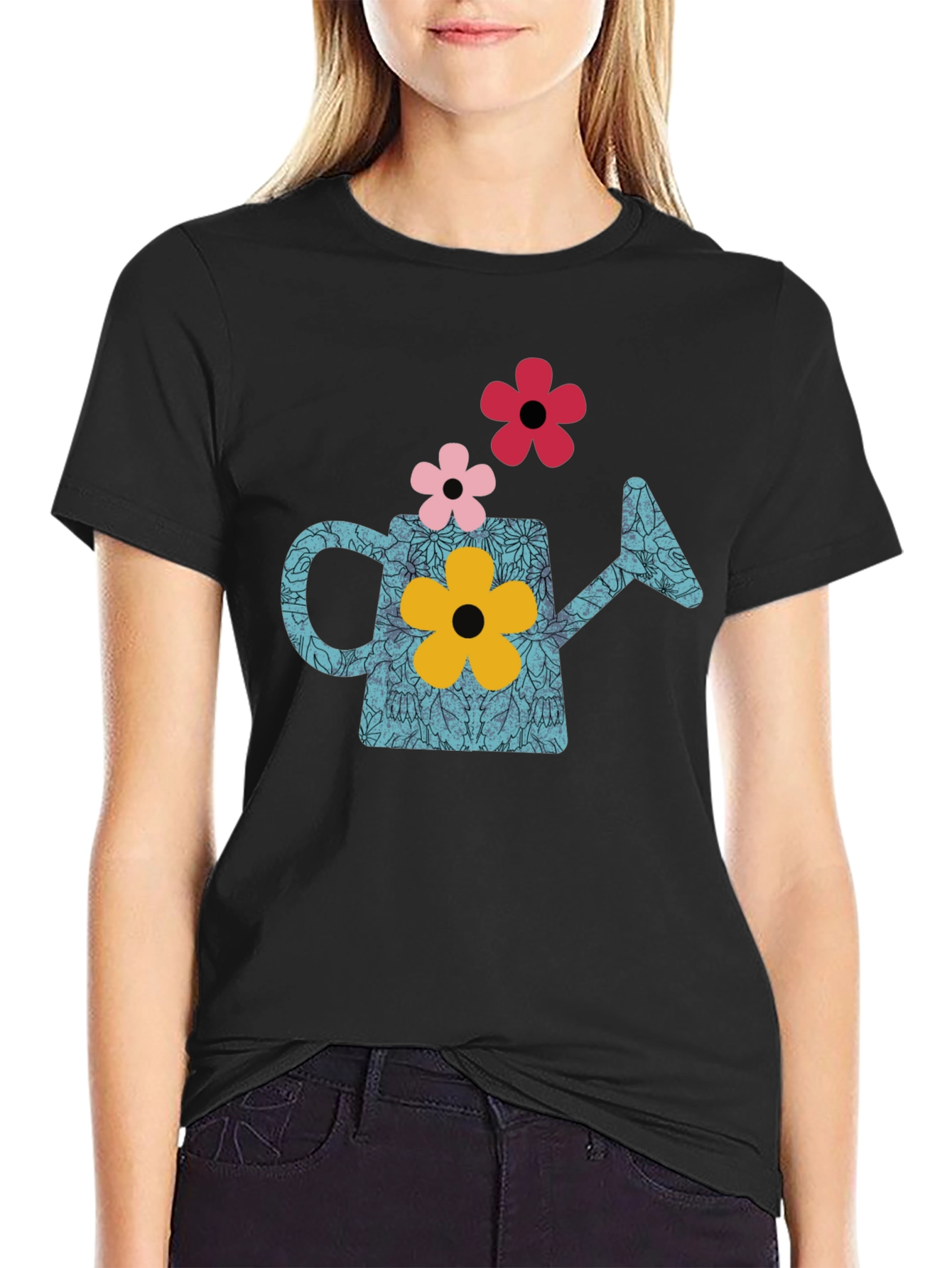 Watering Can Flower Graphic T-Shirt - Black