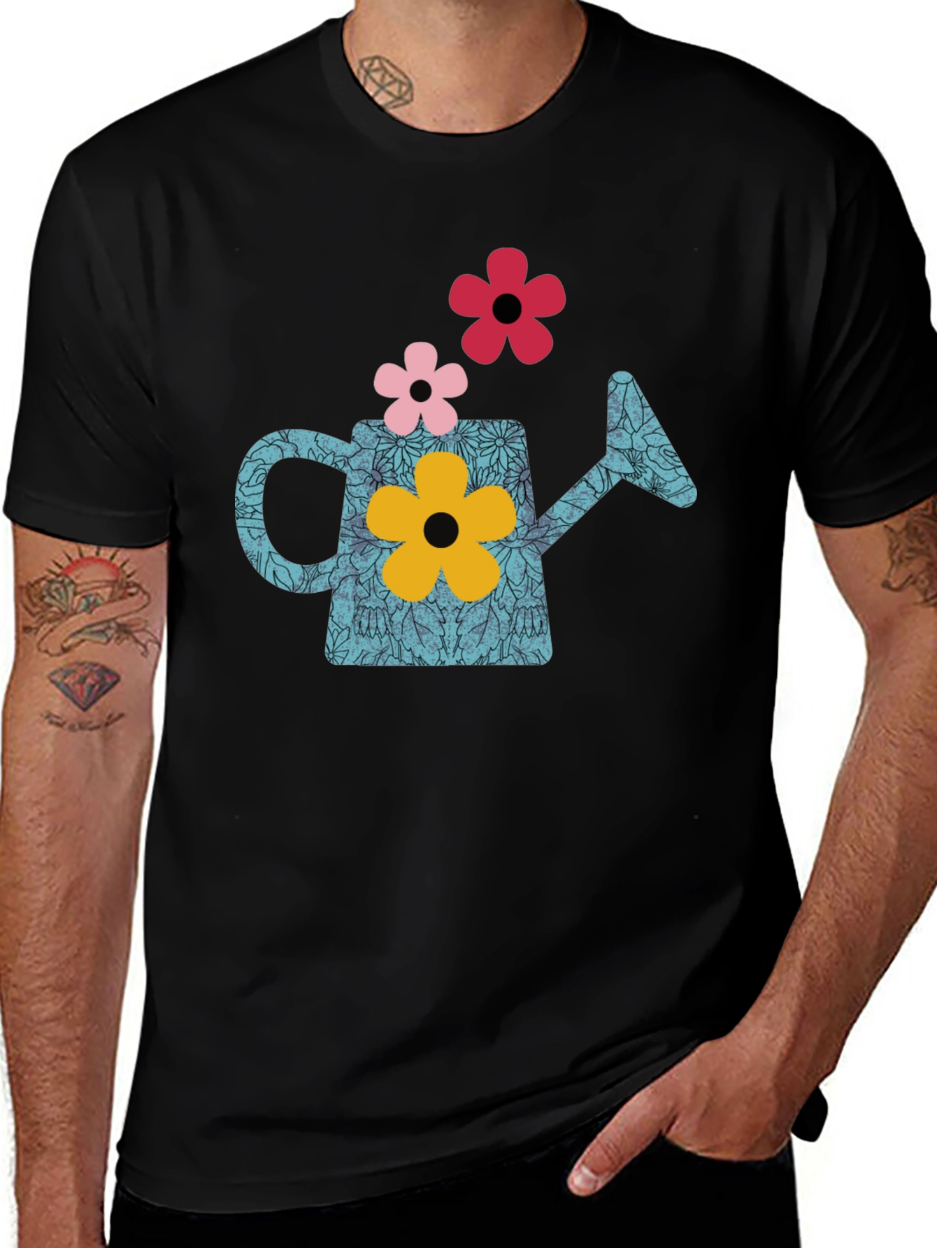 Watering Can Flower Graphic T-Shirt - Black