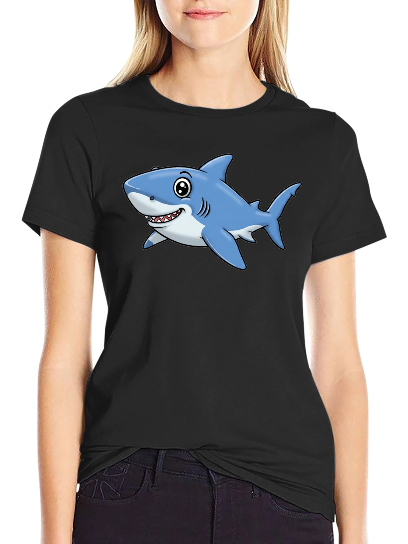 Cartoon Shark T-Shirt - Black Cotton Tee
