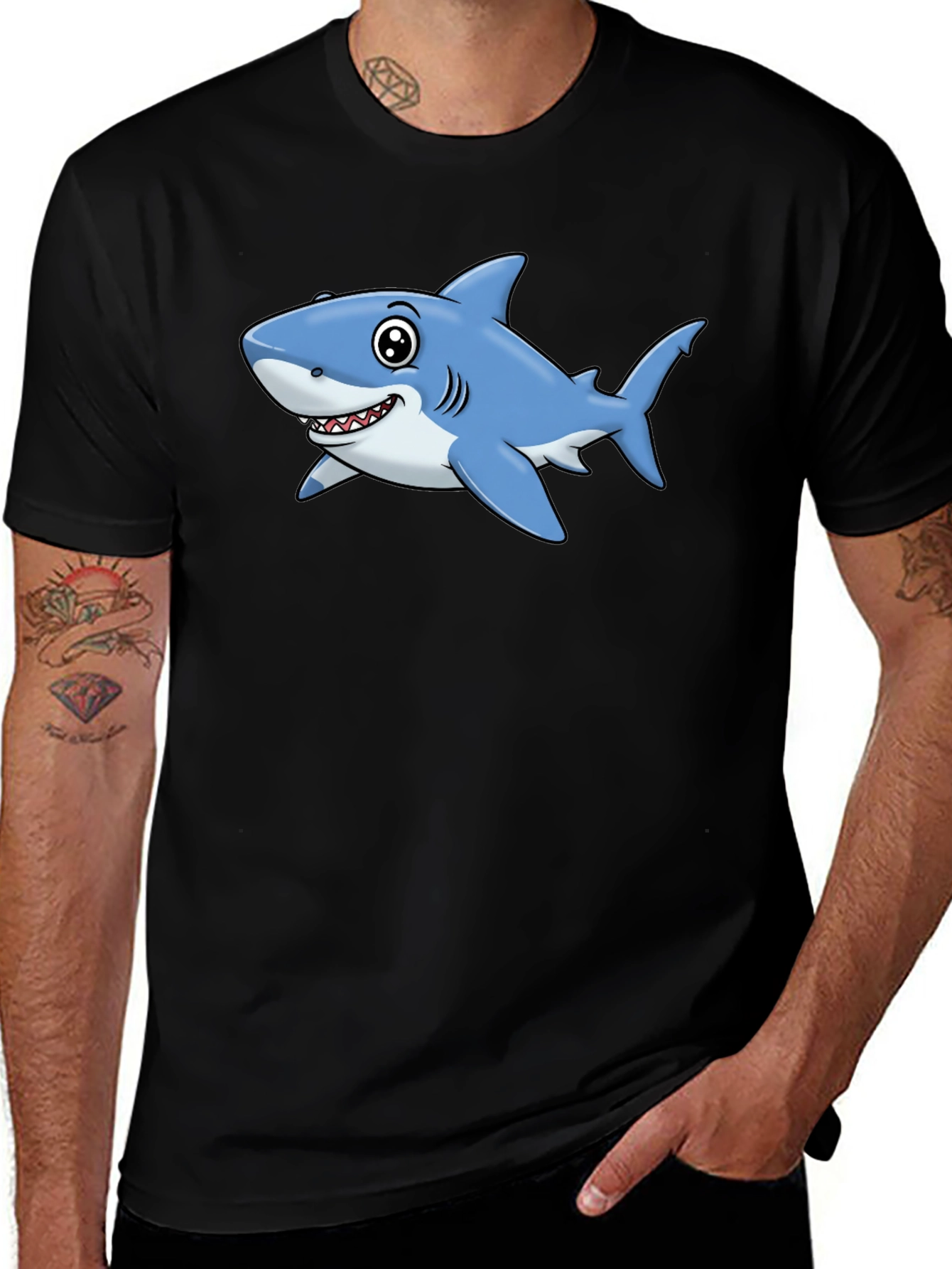 Cartoon Shark T-Shirt - Black Cotton Tee