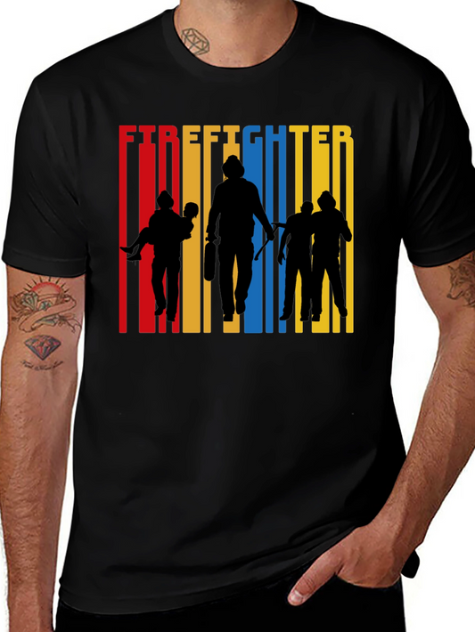 Firefighter Silhouette Graphic Tee - Crew Neck Cotton T-Shirt