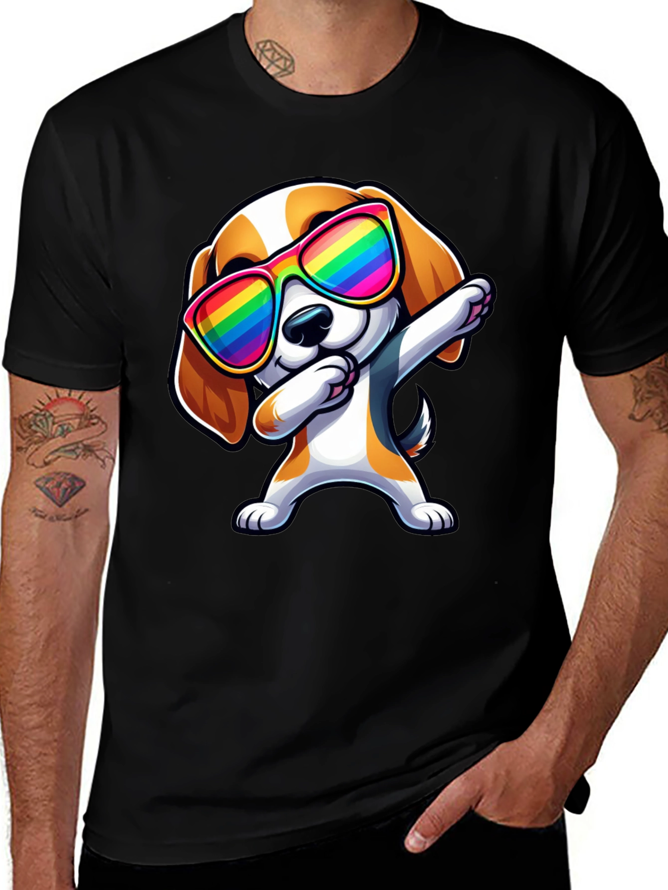 Dog Dabbing in Rainbow Glasses Black T-Shirt