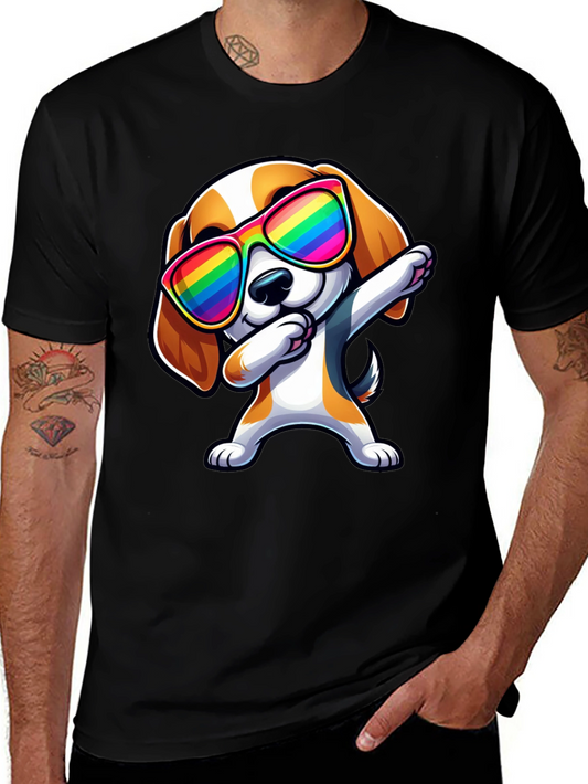 Dog Dabbing in Rainbow Glasses Black T-Shirt
