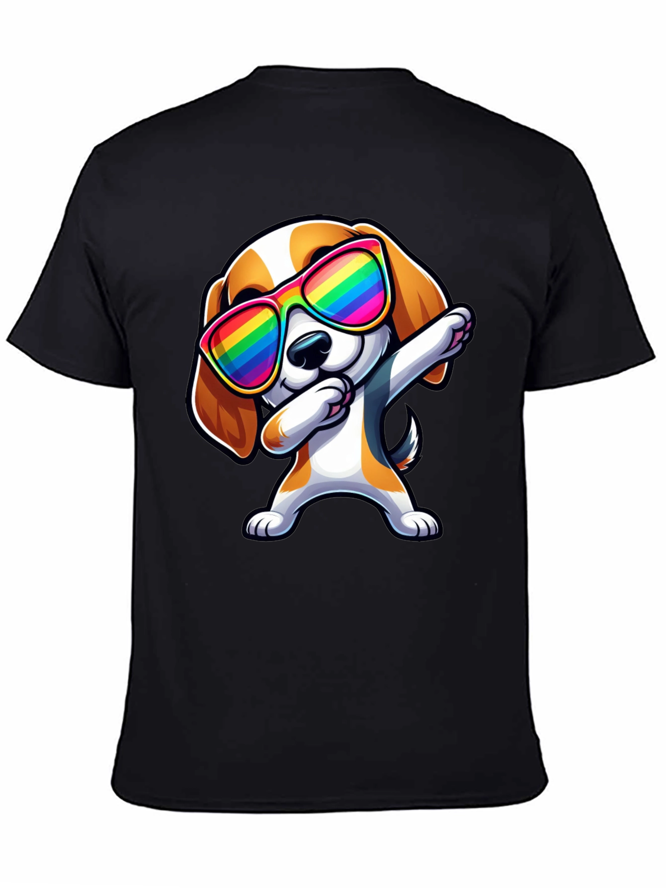 Dog Dabbing in Rainbow Glasses Black T-Shirt