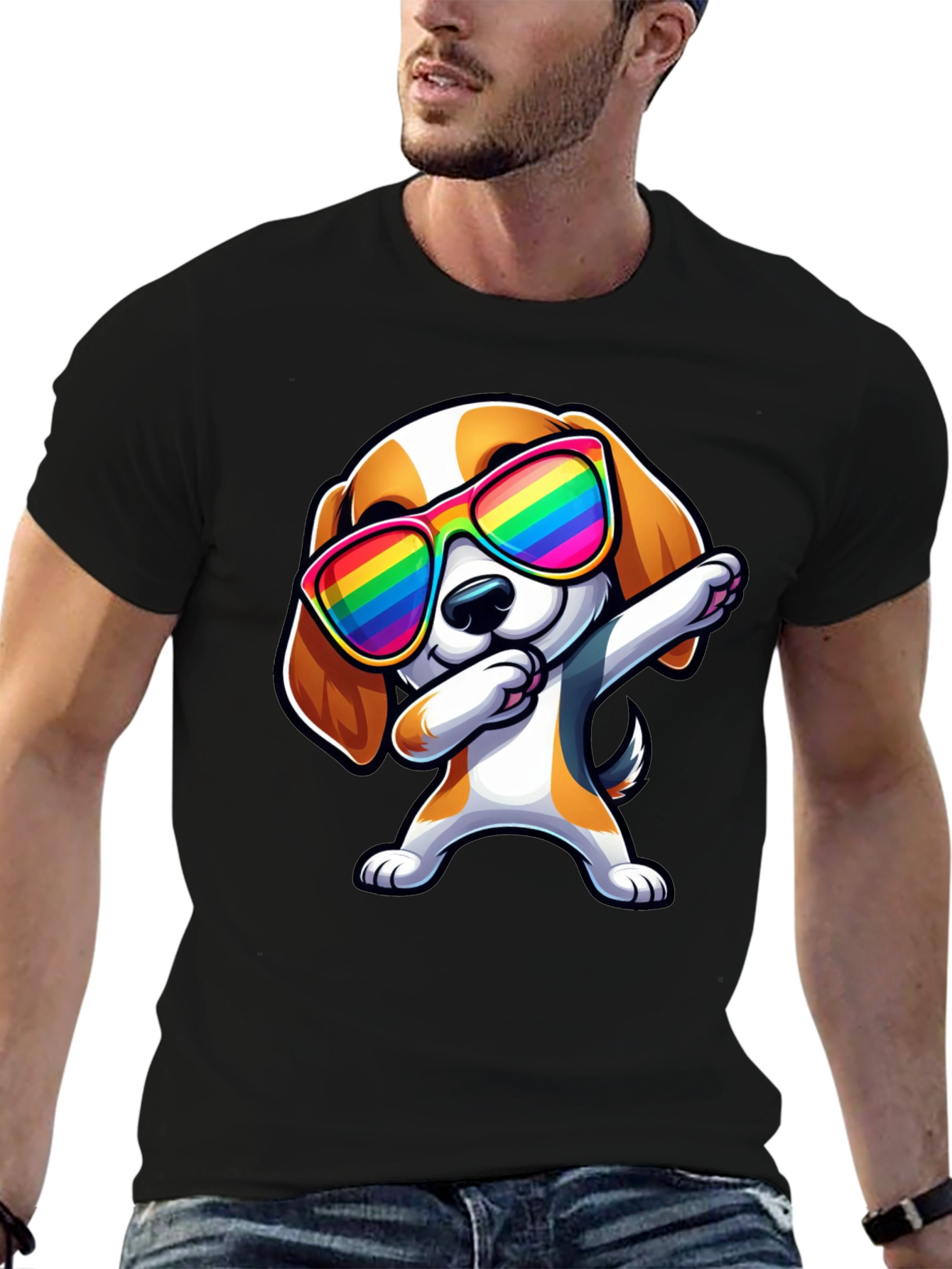 Dog Dabbing in Rainbow Glasses Black T-Shirt