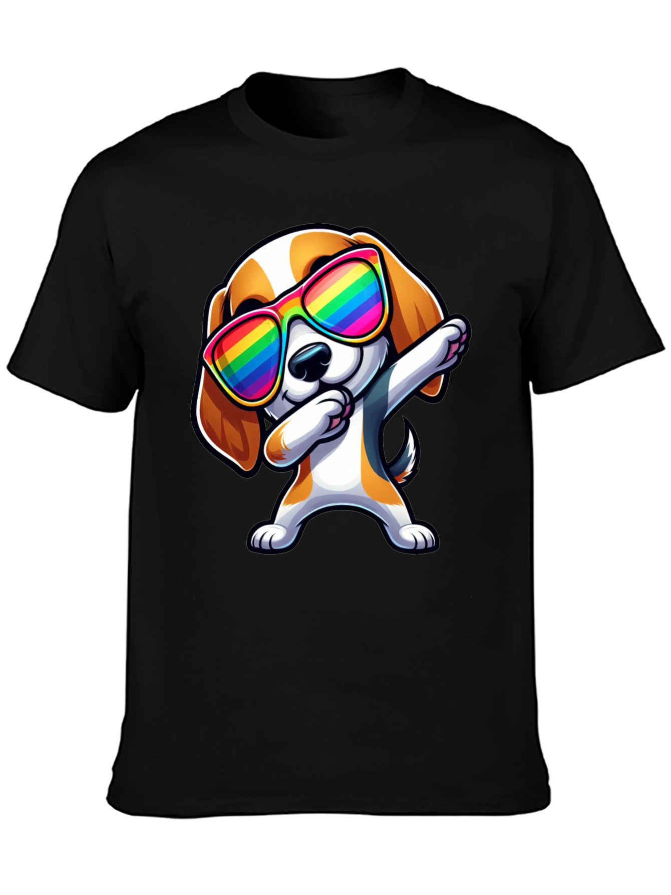 Dog Dabbing in Rainbow Glasses Black T-Shirt
