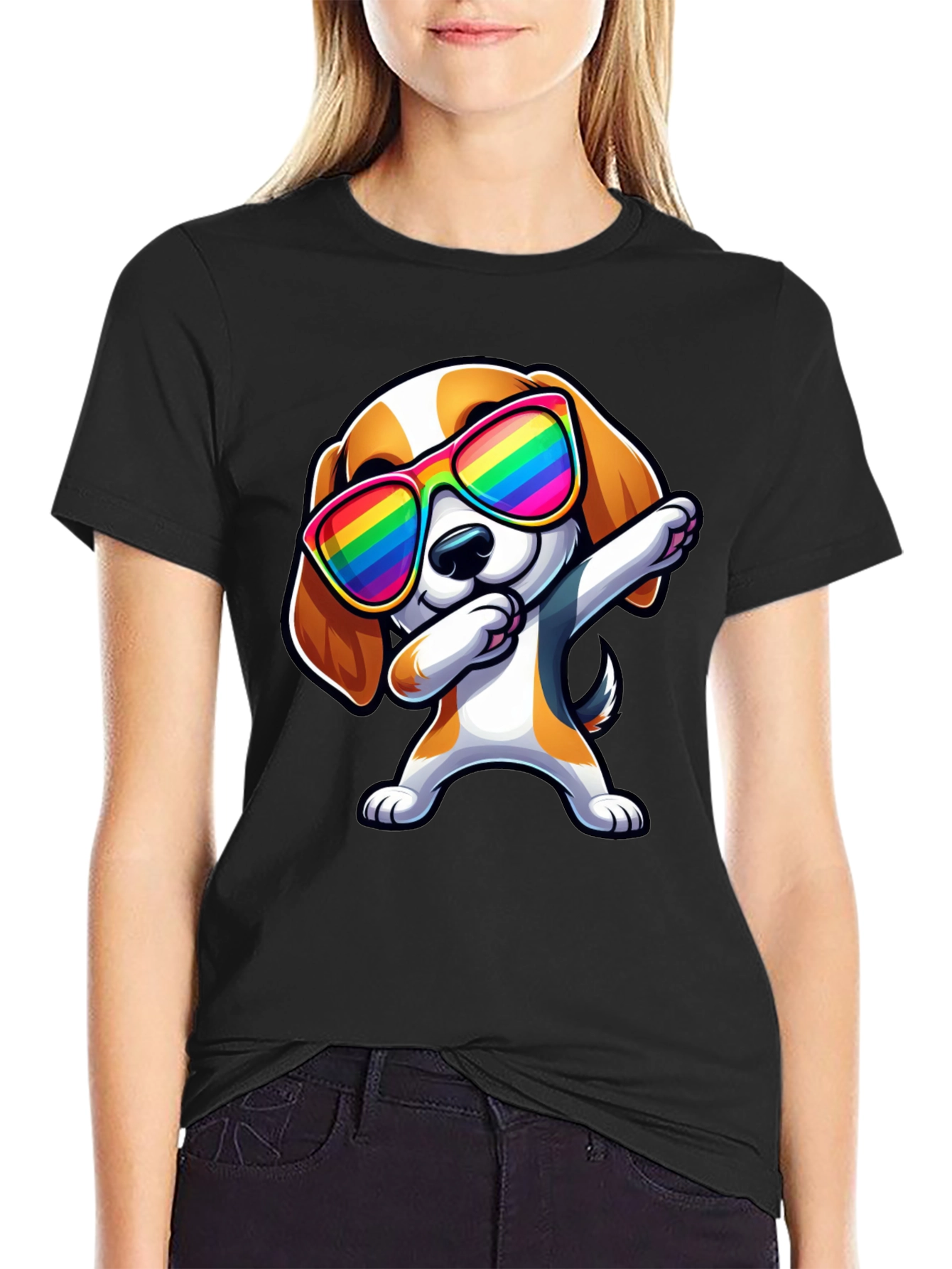 Dog Dabbing in Rainbow Glasses Black T-Shirt