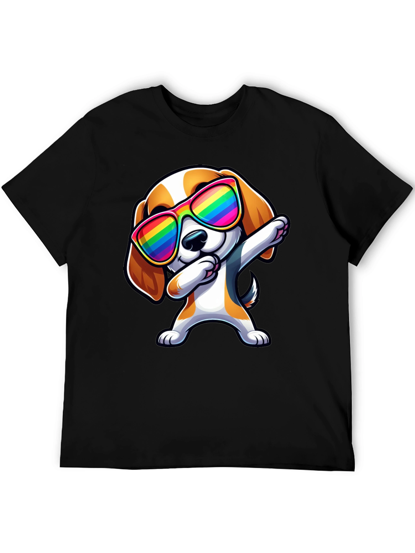 Dog Dabbing in Rainbow Glasses Black T-Shirt