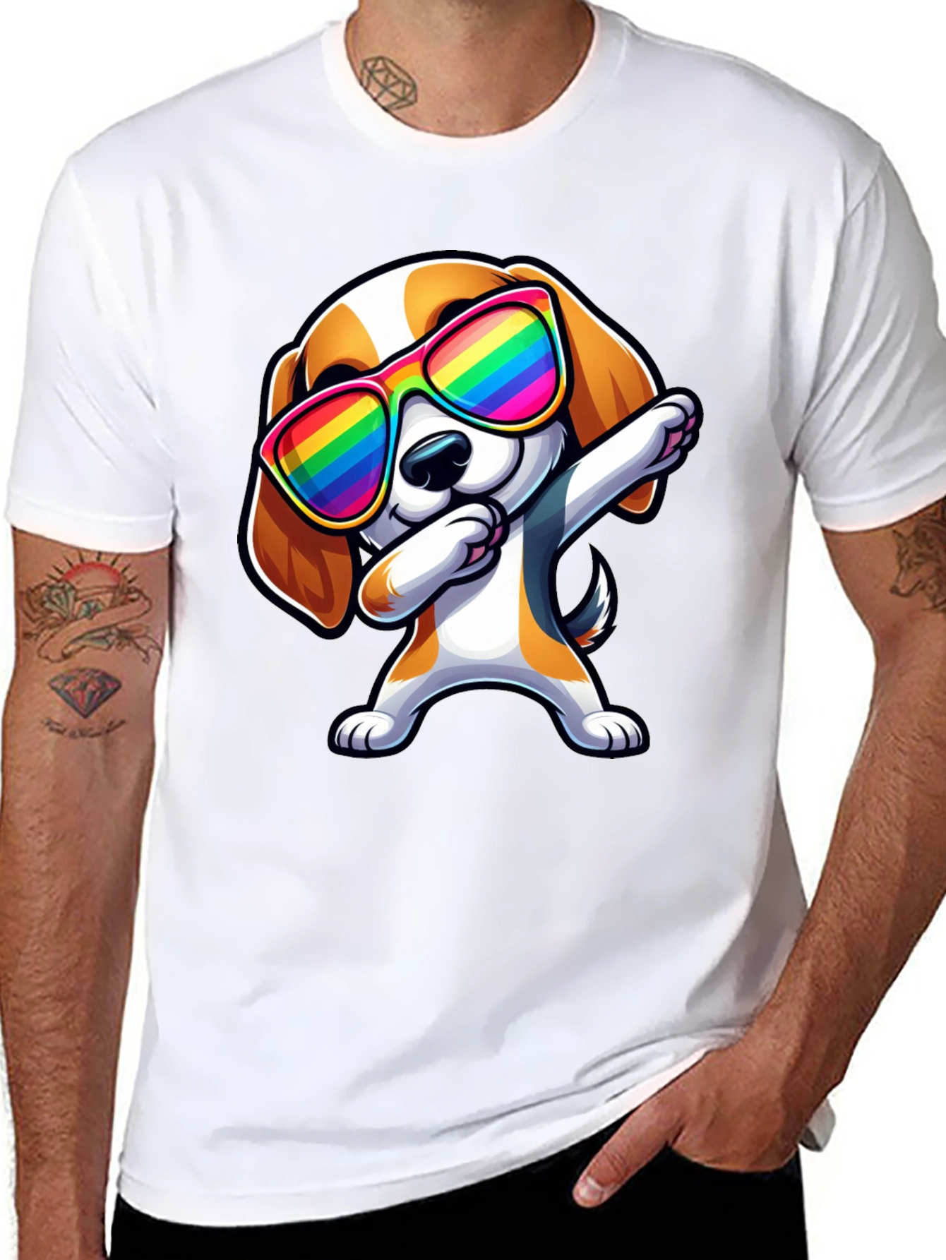 Dog Dabbing in Rainbow Glasses Black T-Shirt