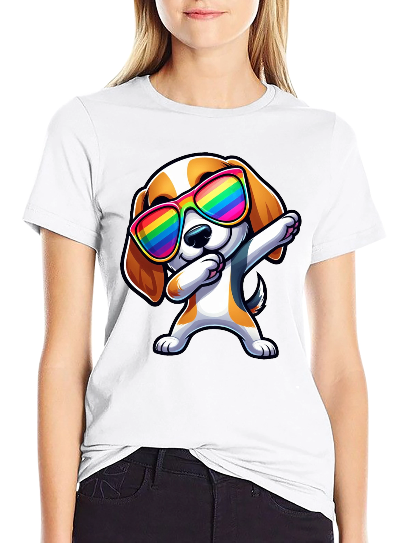 Dog Dabbing in Rainbow Glasses Black T-Shirt