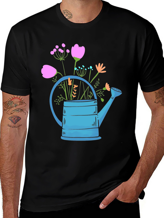 Floral Watering Can Graphic Tee - Black Cotton Blend