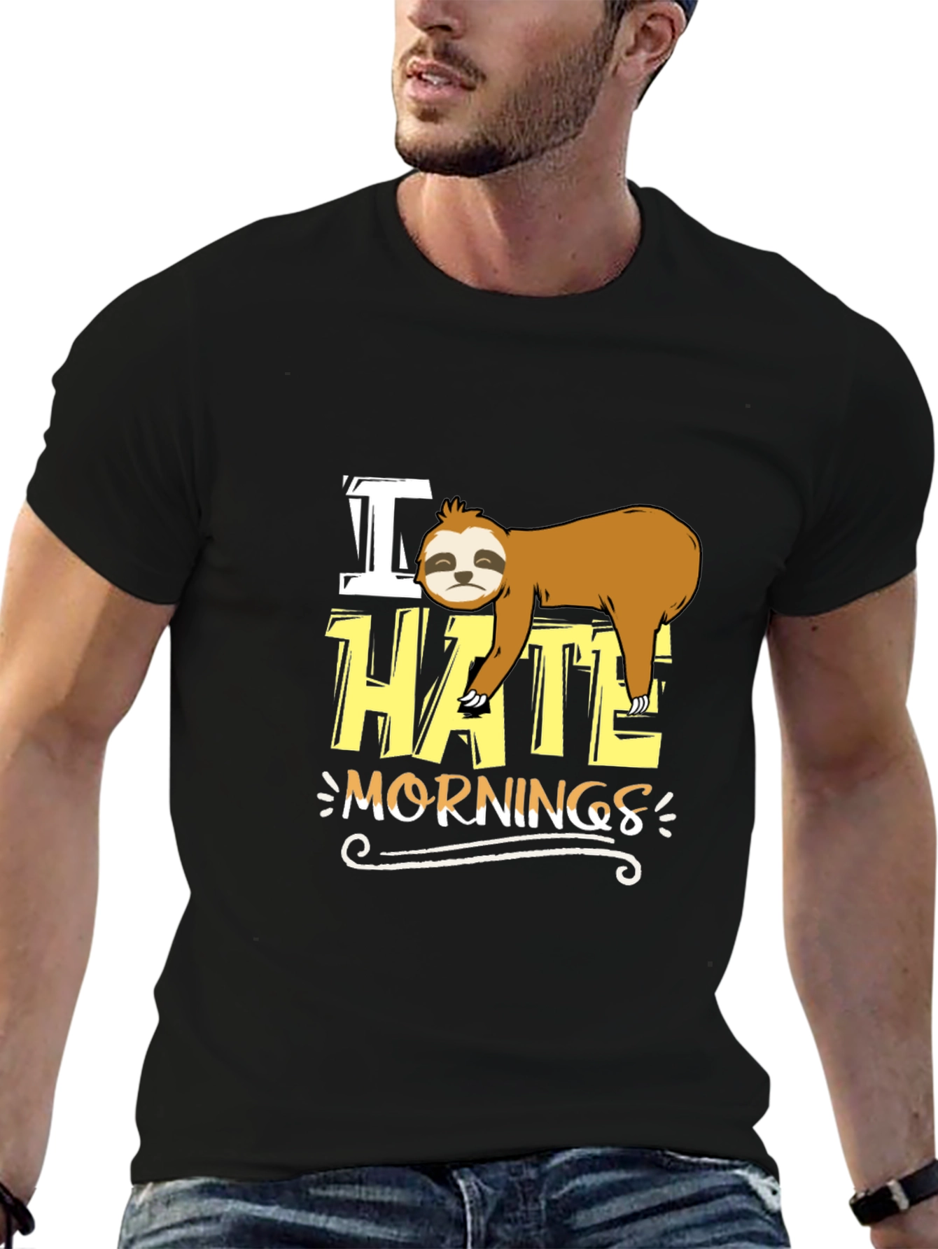 I Hate Mornings Sloth Graphic Tee - Black