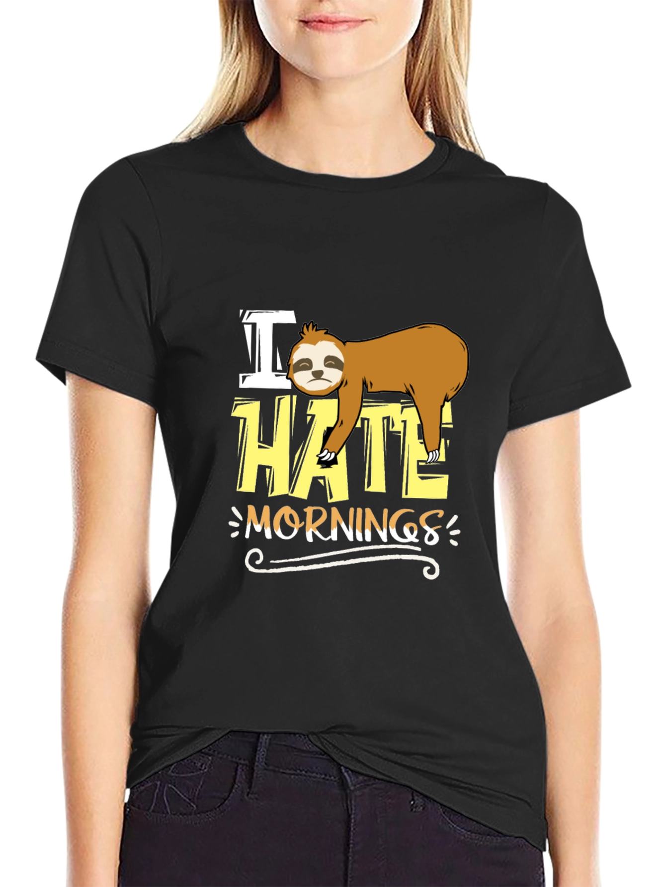 I Hate Mornings Sloth Graphic Tee - Black