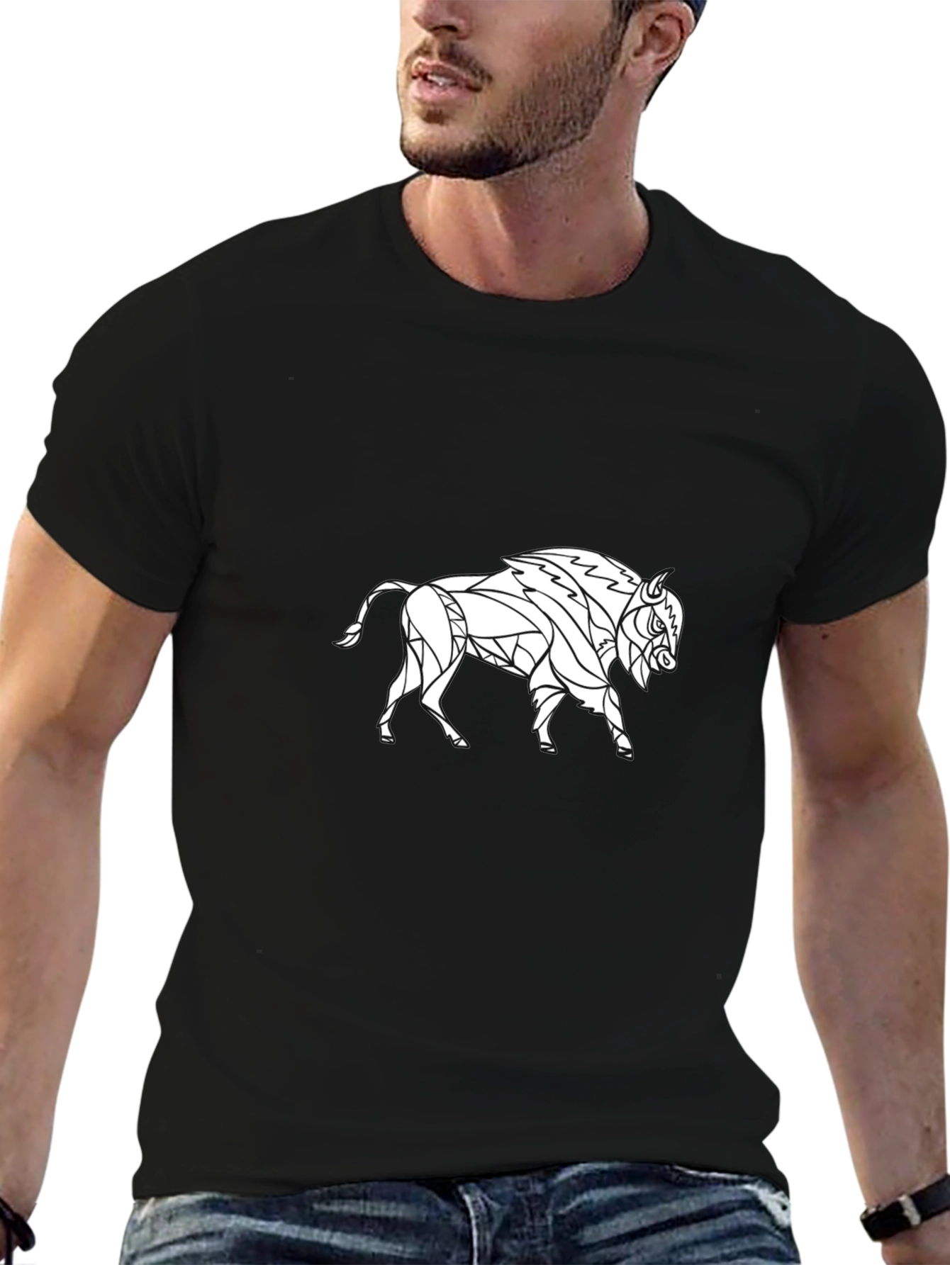 Geometric Bison Graphic Tee - Black