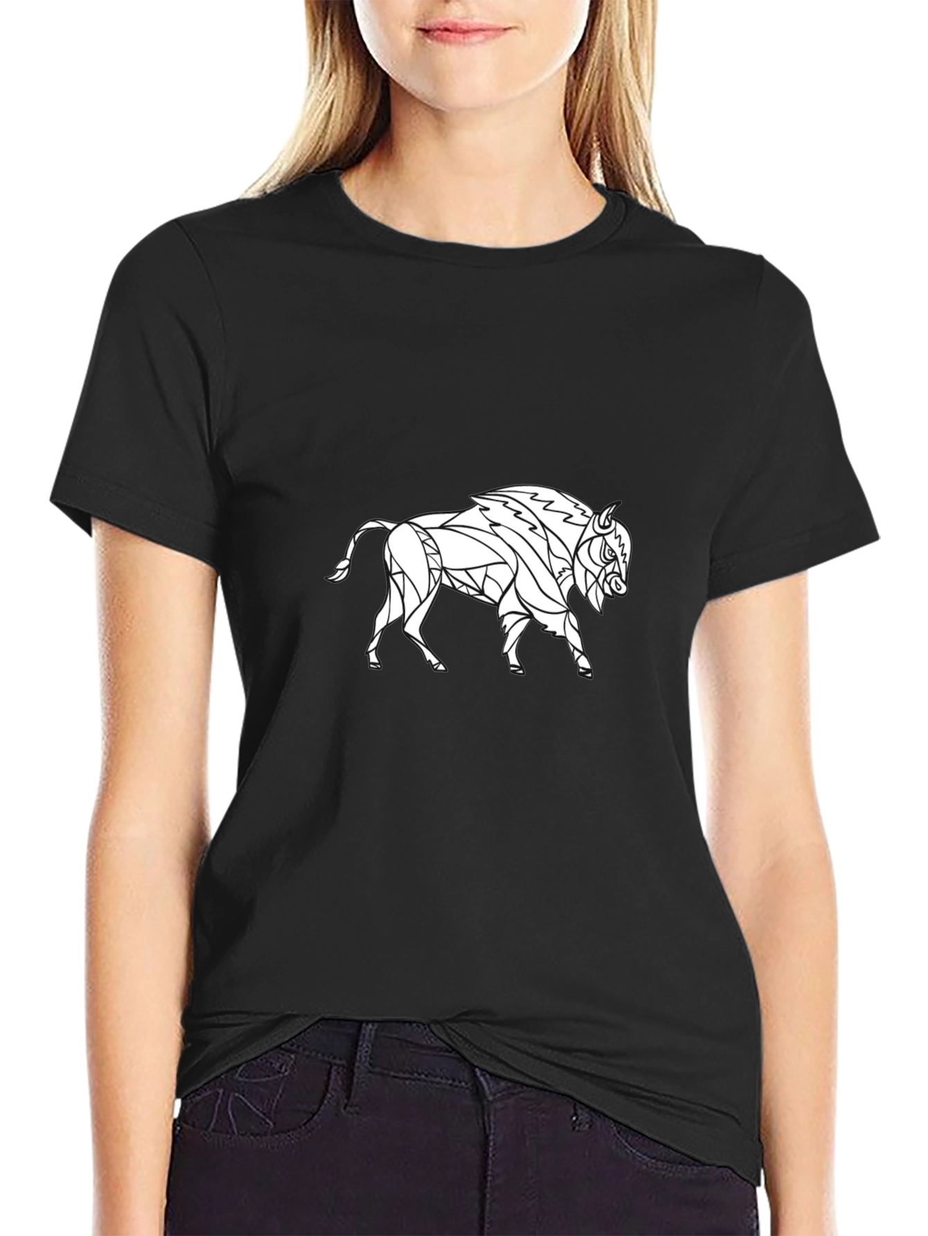 Geometric Bison Graphic Tee - Black