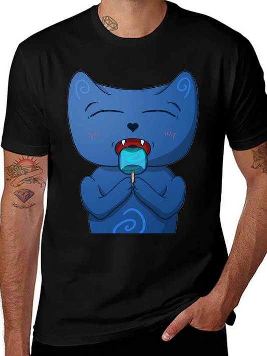 Cool Cat Licking Popsicle Black T-Shirt