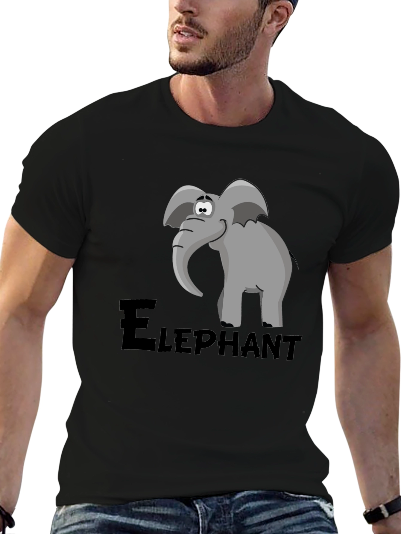 Elephant Cartoon Graphic Tee - Black