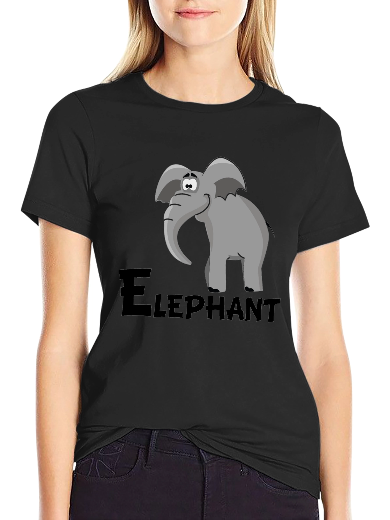 Elephant Cartoon Graphic Tee - Black