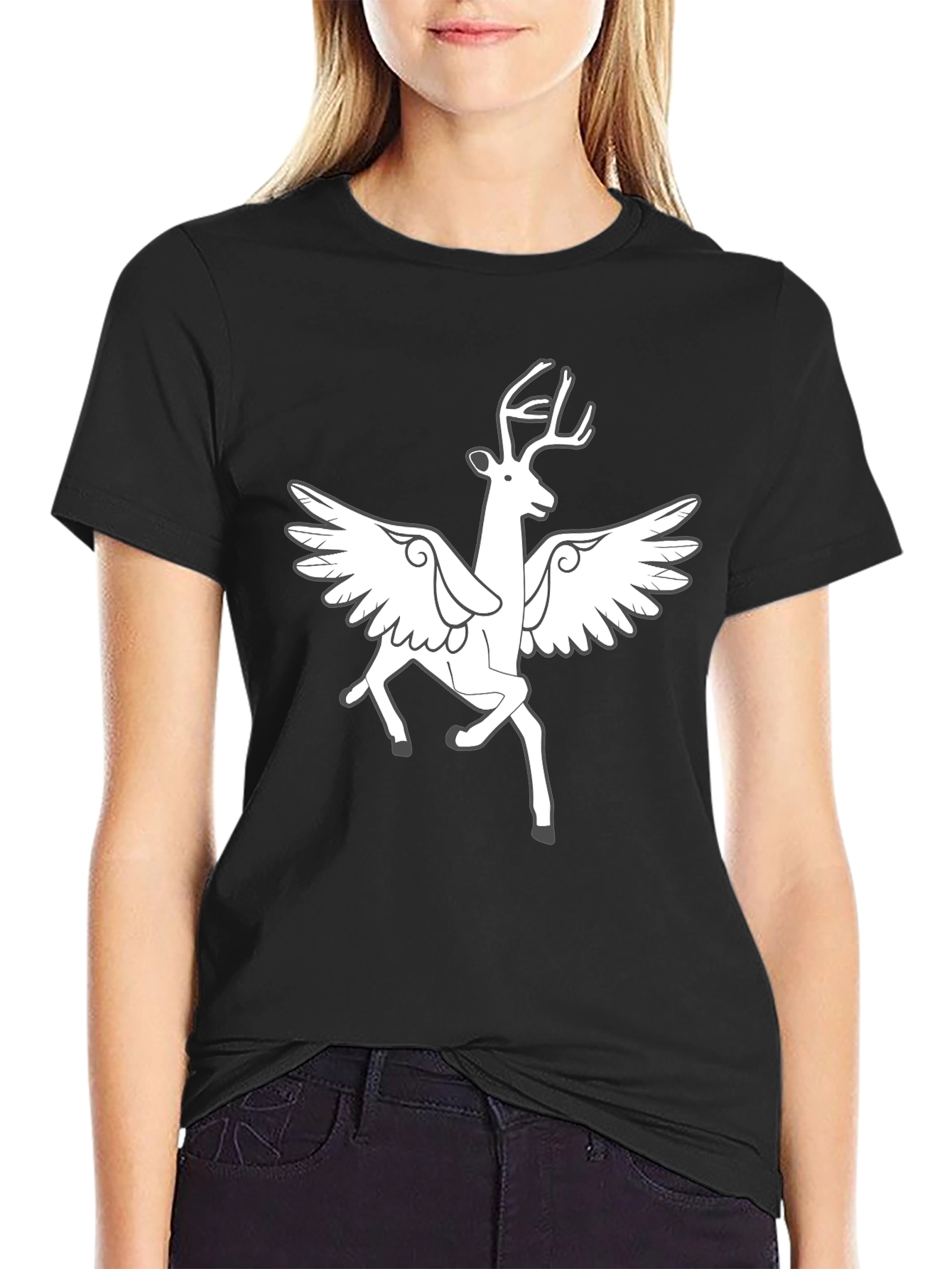 Winged Deer Graphic Tee - Black Cotton Blend