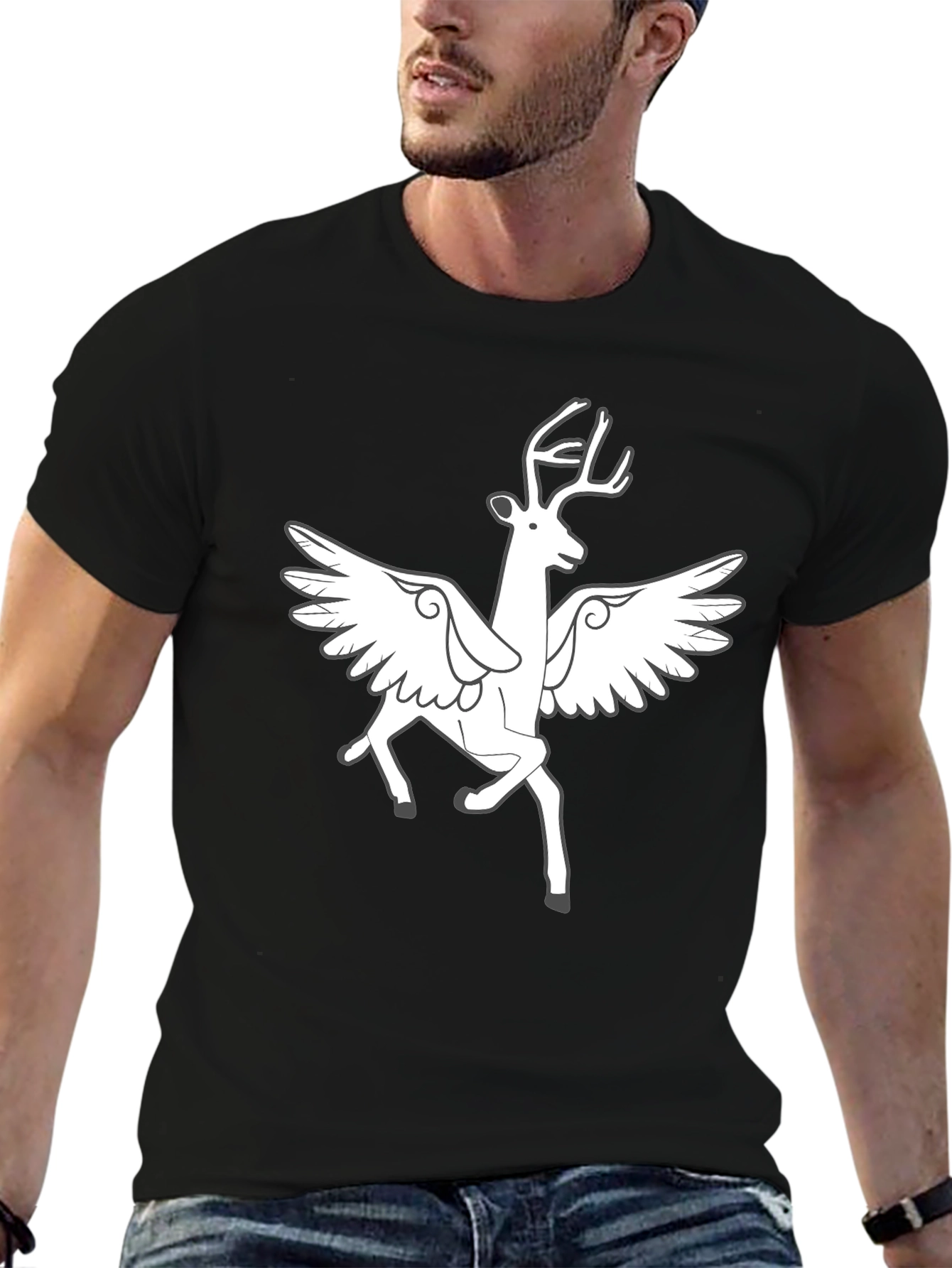 Winged Deer Graphic Tee - Black Cotton Blend