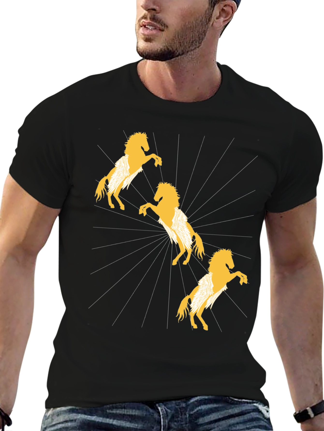 Stylish Black T-Shirt with Golden Horse Design
