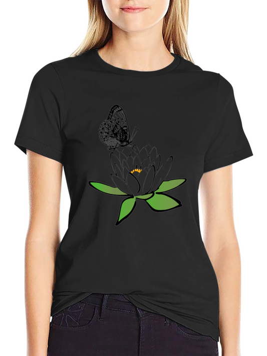 Black T-Shirt with Butterfly and Flower Design