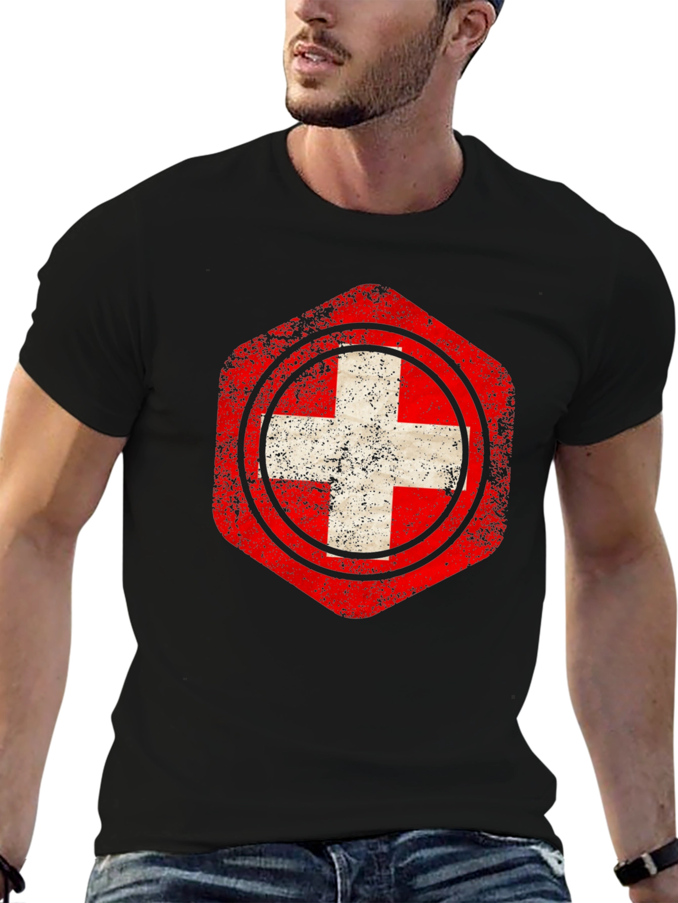 Distressed Swiss Flag Graphic Tee - Black
