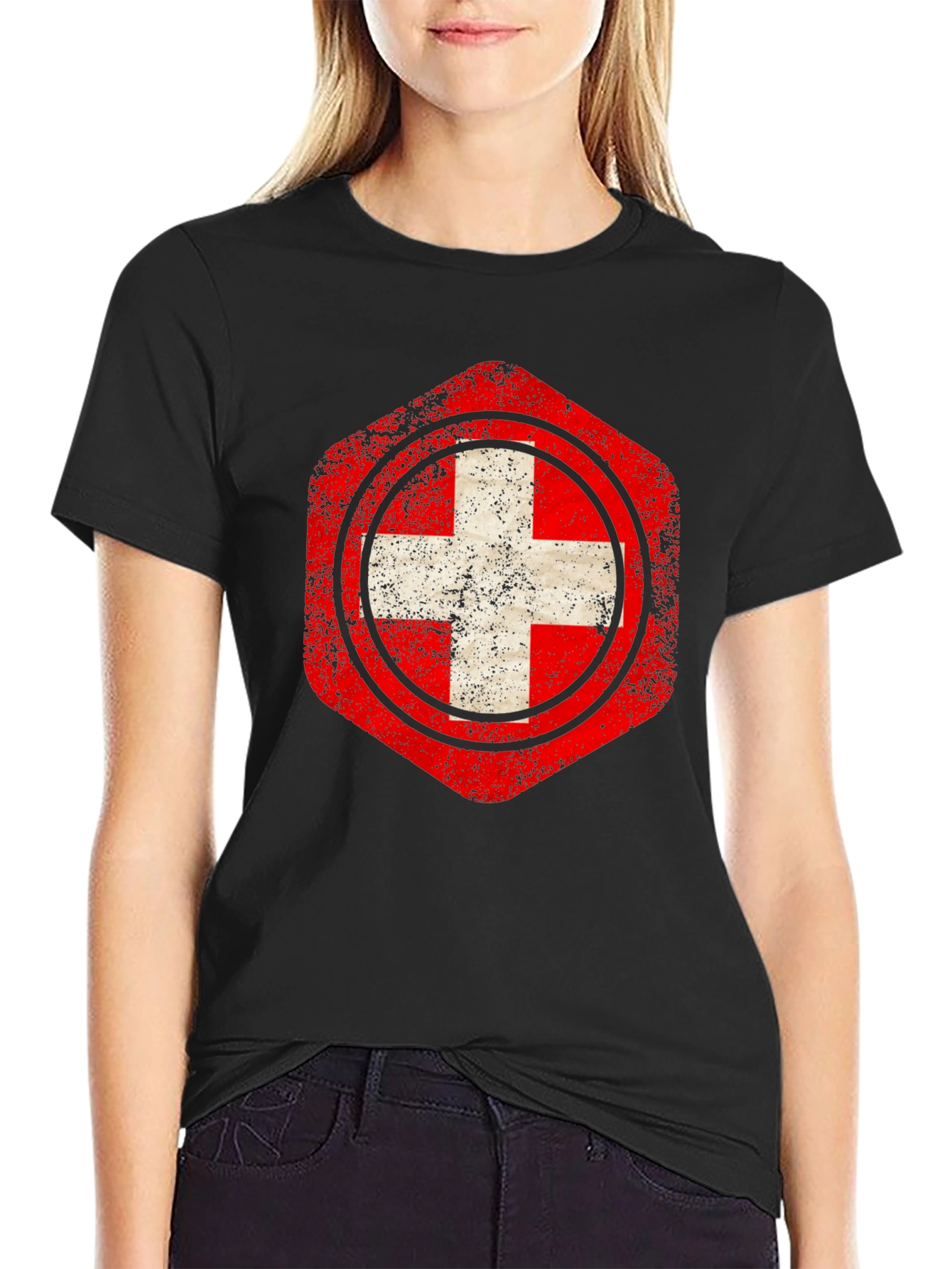 Distressed Swiss Flag Graphic Tee - Black