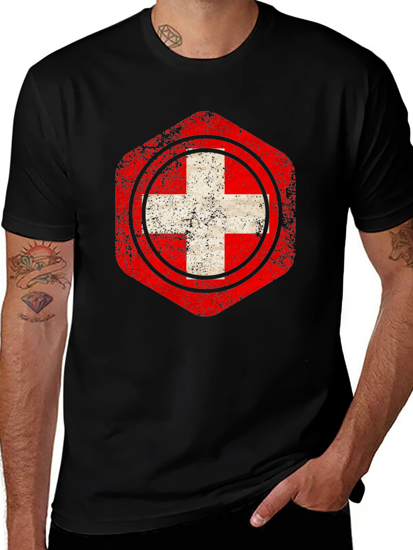 Distressed Swiss Flag Graphic Tee - Black