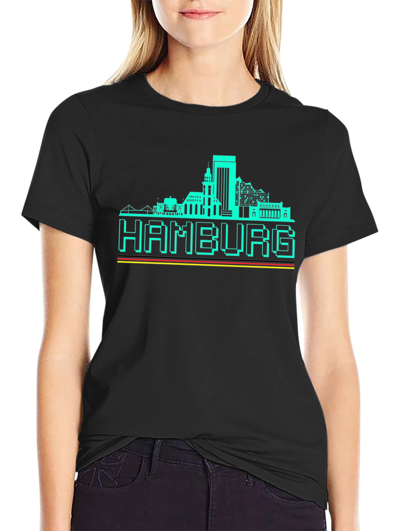 Hamburg Skyline Graphic Tee - Pixel Art Black T-Shirt